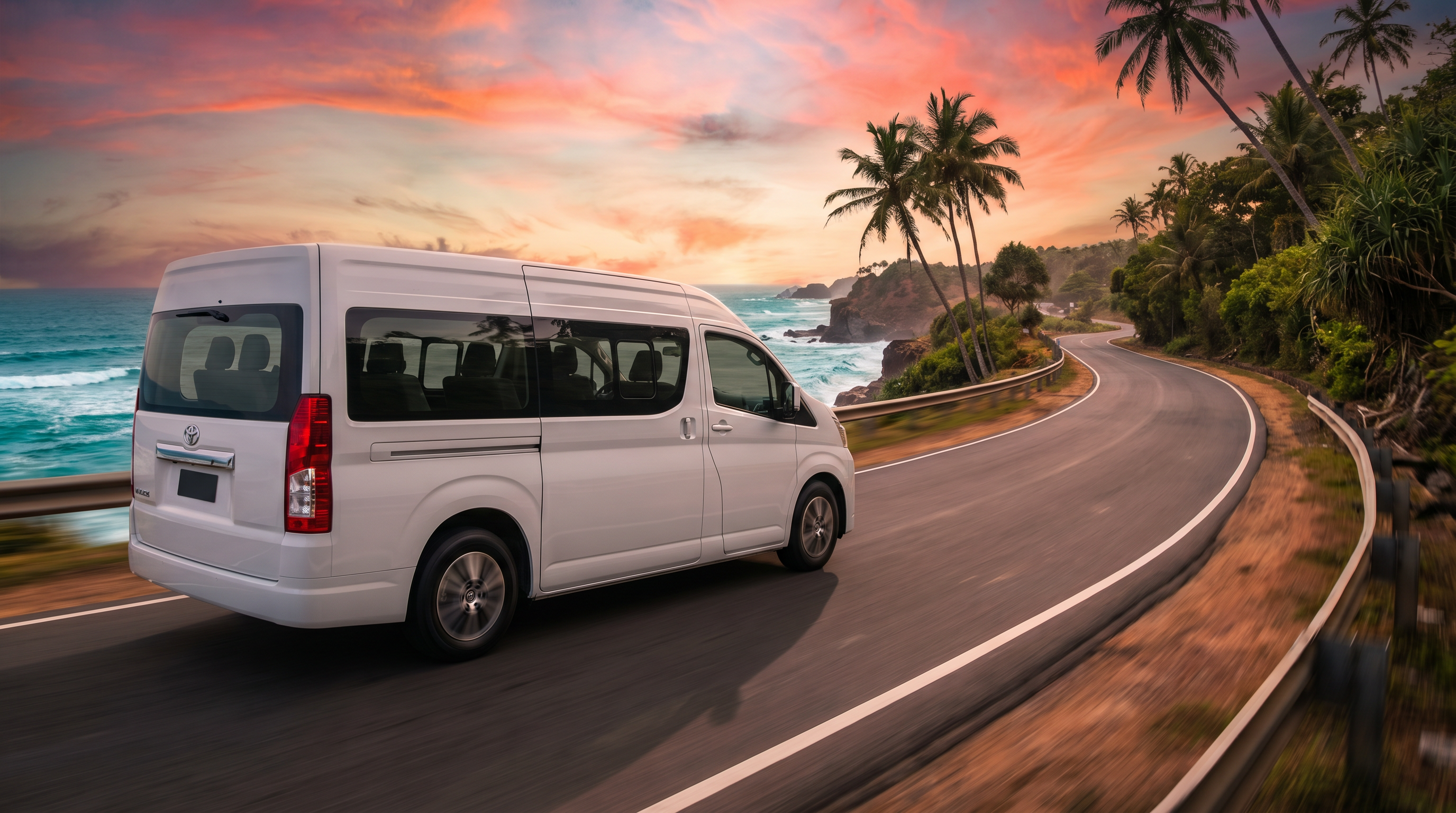 White van driving along Sri Lanka road at sunset